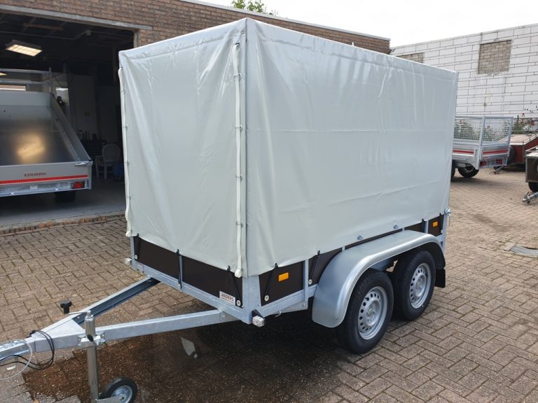 SYMA Bakwagen Dubbelasser Met Huif 750kg 257X132X150 - Jagers Aanhangwagens